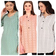 Cotton short kurtis/ tops for women Fresh and bright Indian traditional outfits Product Details:- ----------------------- Style: Straight Fabric: Cotton Blend Pattern: Printed / Color Block Neck: Mandarin/ Round Sleeve Length: Three-Quarter Sleeves Print or Pattern Type: Color Block,Foil Printed Length: Hip Length Weave Type: Hand or Machine Weave Occasion: Casual Wear, Work Wear, Festive wear Combo of : 3 Kurtis Simple Daily and Office Wear Designer Cotton Printed Kurti with Round neck and 3/4 Sleeves for Women. This Color Block printed kurta can be worn with  pants, jeans, or a palazzo. Sizes are available. Cotton happens to be one of the most comfortable and affordable fabrics. It has a massive appeal. This is an all- season fabric. Easy to wash and maintain this fabric. Shorts  Night S Printed Motifs Tunic Set, Long Sleeve Tunic For Eid, Festive Cotton V-neck Top, Cotton Printed Tops For Eid, Green Tops With Printed Motifs For Eid, Eid Cotton Printed Tops, Multicolor Printed Motifs Blouse For Eid, Long Sleeve Tops With Printed Motifs For Eid, Multicolor Printed Blouse For Eid