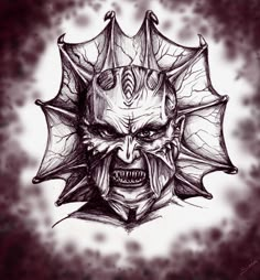 a drawing of a demon head with fangs