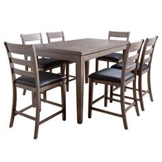 a wooden table and chairs with black leather seats on top of the table, against a white background