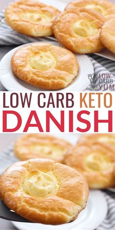 low carb keto danish bread on a white plate with the words low carb keto danish