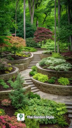 an outdoor garden with steps leading up to trees and bushes in the background, surrounded by greenery