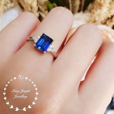 Three Stone Emerald Cut Genuine Lab Grown Sapphire Engagement | Etsy Sapphire Promise Rings, Classic Engagement Rings, Sapphire Engagement Ring, Diamond Simulant, September Birthstone, Sapphire Engagement, Natural Sapphire, Engagement Rings Sapphire, 2 Carat