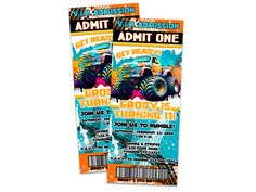 two tickets for an event with monster trucks on them and the words, admit one