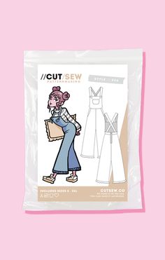 the cut sew sewing pattern is shown in front of a pink background with an image of a woman wearing overalls