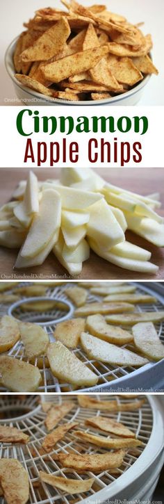 the steps to make cinnamon apple chips are shown in three different pictures, including an image of