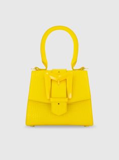 Buckled Mini Croco Sunshine Leather Handbag with Detachable Strap Vestidos Color Coral, Yellow Handbag, Chic Top, Mac Duggal, Yellow Leather, Handbags Online, Yellow Fashion, Perfect Bag, Online Accessories