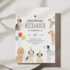 a birthday party card with dogs and balloons on the front, featuring an image of a dog