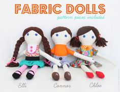 three dolls sitting next to each other on top of a white surface with the words fabric dolls written below them