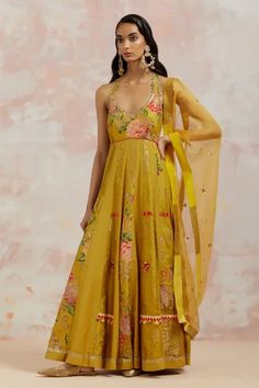 Shop for AUM by Asit and Ashima Yellow Silk Floral Embroidered Anarkali With Dupatta for Women Online at Aza Fashions Halter Neck Anarkali, Sleeveless Anarkali, Anarkali Suits Designer, Sheer Dupatta, Anarkali With Dupatta, Daytime Wedding, Angrakha Style, Silk Anarkali, Dresses Traditional