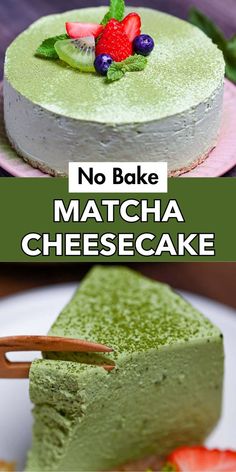 A pin image showing how to make no-bake matcha cheesecake. The top half features a whole matcha cheesecake garnished with fresh strawberries, blueberries, kiwi slices, and mint leaves. Below the title "No Bake Matcha Cheesecake," the bottom half displays a close-up of a slice being served, highlighting the creamy texture and vibrant green color of the cheesecake. The images emphasize the dessert's delicious and visually appealing qualities. Matcha Cheesecake Recipe, Cheesecake No Bake, Matcha Cheesecake, Matcha Cake, Easy Japanese Recipes, Japanese Cheesecake, Baked Cheesecake Recipe, Easy Cheesecake