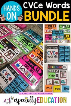 This image contains: Various laminated CVCe word bundle cards Literature Recommendations, Silent E Words, Long E Words, Elementary Special Education Classroom, Silent E, Cvce Words, Visual Recipes