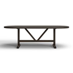 an oval table with two crossed legs and a dark brown finish, on a white background