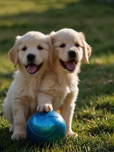 two golden retriever puppies playing with a blue ball in the grass on a sunny day