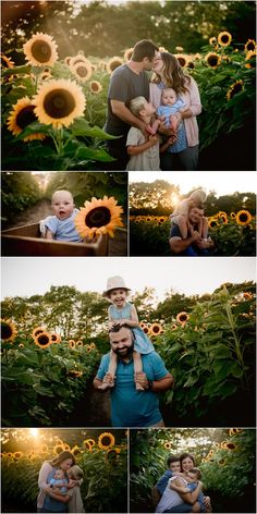 a man holding a baby in his arms while standing next to a sunflower field