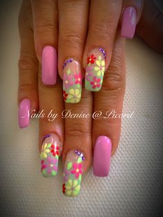 Hippie Nail Ideas, 70’s Nails, Neon Flower Nails, Groovy Nails, Beauty Goddess, Crazy Nail Designs, Ombre Nail Art Designs