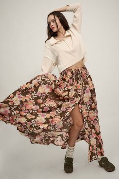 Patterned Skirt Outfit, Pattern Skirt Outfit, Floral Print Maxi Skirt, Patterned Skirt, Henley Tee, Floral Print Maxi, Vintage Canvas, Skirt Pattern, Skirt Outfits