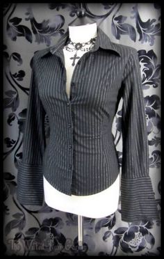 Black Clothes Ideas, Goth Rocker Outfit, Goth Blouse Outfit, Dark Fem Clothes, Fitted Shirt Outfit Women, Black Pants White Shirt Outfit, Pinstripe Shirt Outfit, Victorian Inspired Outfits, Black Striped Shirt Outfit