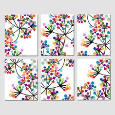 six colorful flower paintings on white paper with polka dot dots in the center and four different colors