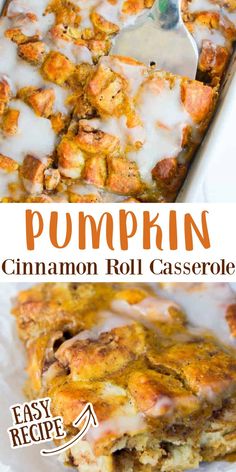 pumpkin cinnamon roll casserole in a white dish with a spoon on the side