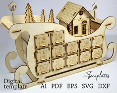 a wooden calendar with a house and trees on it in the shape of a sleigh