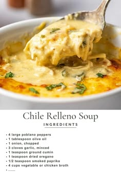 a spoon full of cheesy soup in a white bowl with the recipe below it