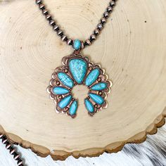 Copper Tone Faux Navajo Pearl Necklace With Stones and Naja Pendant in Turquoise Blue Bohemian Blue Copper Necklaces, Turquoise Beaded Copper Jewelry, Adjustable Turquoise Necklace With Patina, Adjustable Turquoise Copper Jewelry, Blue Beaded Copper Necklace, Turquoise Copper Necklace With Patina, Turquoise Patina Copper Jewelry, Southwestern Turquoise Metal Jewelry, Giddy Up Glamour