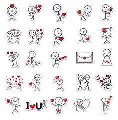 various stickers with hearts and people in different positions, including one man holding a heart