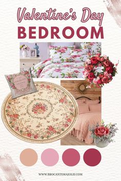 valentine's day bedroom collage with flowers and bed linens in shades of pink