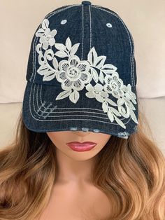 This beauty is a mix of different textures. A distressed Blue Jean trucker hat, and vintage embroidered lace. Distressed around the brim, and velcro closure in back for that perfect fit. Great for everyday wear, makes a unique gift.  80% Cotton/20% Polyester 3 inches Curved bill for a comfortable fit and great sun protection With Adjustable Velcro Back, It is Very Easy to Accommodate Any Hat Sizes 6 Panel Cap W/ 4 mesh panels back Crown measures 4 inches deep Authentic distressed detailing Care instructions- Spot clean only Bone Bordado, Pretty Hats, Luxury Hats, Painted Hats, 6 Panel Cap, Unique Purses, Diy Hat, Hat Ideas, Fancy Hats