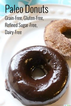 two glazed donuts on a white plate with text overlay that reads pale doughnuts grain - free, gluten - free, refated sugar - free, dairy - free, dairy - free