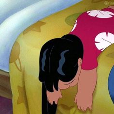 an animated image of a person bending over on a bed