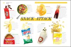 an advertisement for snack attack with various foods and snacks in the background, including bananas, cereal