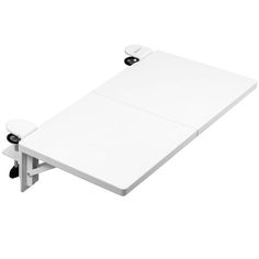 a white table with wheels on the top and one foot resting on it's side