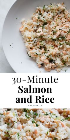 salmon and rice in a white bowl with the words 30 minute salmon and rice