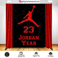 the poster for jordan's 23 year celebration is displayed in front of a red curtain