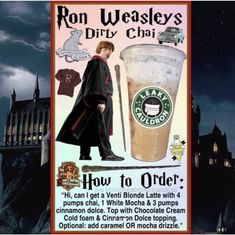 a harry potter poster with an iced drink and hogwart's robes on it