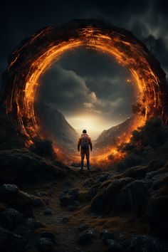 a man standing in the middle of a fire filled field with an orange ring around him