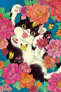 a painting of a cat surrounded by flowers