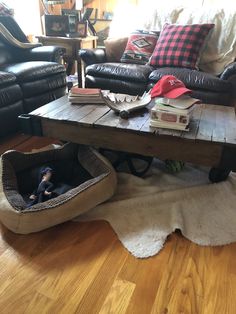 a living room with two couches, a coffee table and a dog bed on the floor