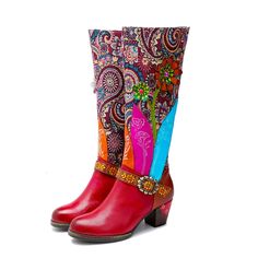 Bohemian Red Leather Boots, Multicolor Leather Boots, Traditional Leather Boots For Fall, Traditional Multicolor Leather Boots, Traditional Multicolor Boots With Round Toe, Traditional Multicolor Round Toe Boots, Hippie Shoes, Embossed Boots, Center Of Attention