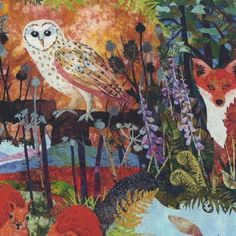 an owl, fox and other animals are in the woods with flowers on it's side