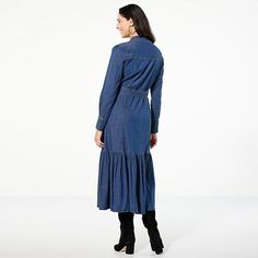 TWRHLL by Christie Brinkley Denim Long-Sleeve Maxi Dress  Easygoing denim. A nostalgic, shirtdress silhouette. That playful hem. The feeling of idyllic days spent out and about lives in this versatile, all-season dress from TWRHLL. It's an effortless, one-and-done maxi that'll treat any look to a chic and breezy, coastal vibe. Long-sleeve Denim Dress For Casual Spring Wear, Long Sleeve Denim Dress For Dress Down And Spring, Long Sleeve Denim Dress For Casual Spring Wear, Long Sleeve Denim Dress For Casual Spring Days, Fall Denim Blue Chambray Dress, Collared Denim Blue Dress For Fall, Fall Denim Chambray Dress, Denim Blue Collared Dress For Fall, Denim Blue Workwear Dress For Fall