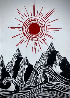 the sun is shining over mountains and waves in this painting by artist markiek