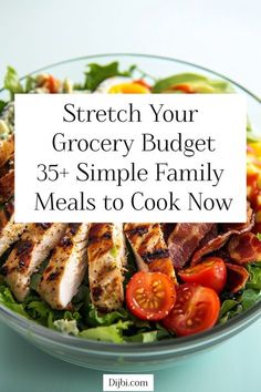 a bowl filled with meat and vegetables on top of a blue tablecloth that says, stretch your grocery budget 35 - simple family meals to cook now