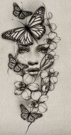 a drawing of a woman with butterflies on her face