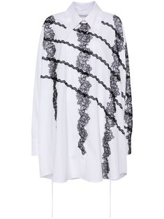 white/black cotton floral lace appliqué classic collar drop shoulder long sleeves buttoned cuffs curved hem concealed front button fastening Shirt Dress White, White Lace Maxi Dress, Shirt Silhouette, White Lace Maxi, Polo Shirt Dress, Viktor Rolf, Cotton Shirt Dress, Viktor & Rolf, Maxi Shirt Dress