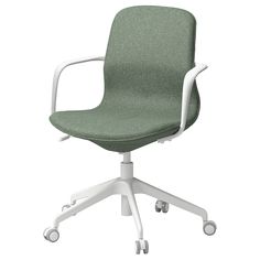 a green office chair with wheels and casteors on an isolated white background, viewed from the front