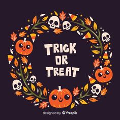 trick or treat with pumpkins and skulls in a wreath on a dark background illustration