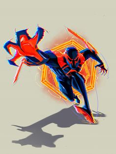 a spider man is running with his shadow on the ground and he's wearing a red and blue suit