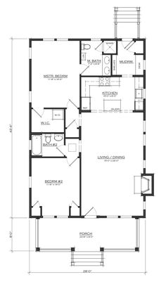 the floor plan for a two bedroom cabin with an attached kitchen and living room area